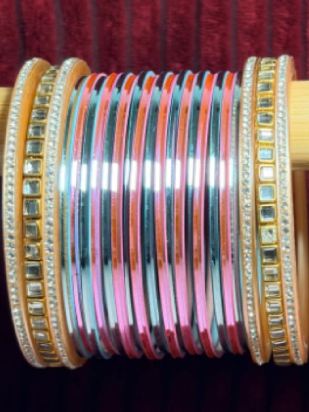 Women's One-Hand Metal Bangle Set, Two-Tone Silver Edged Stackable Wristbands, T